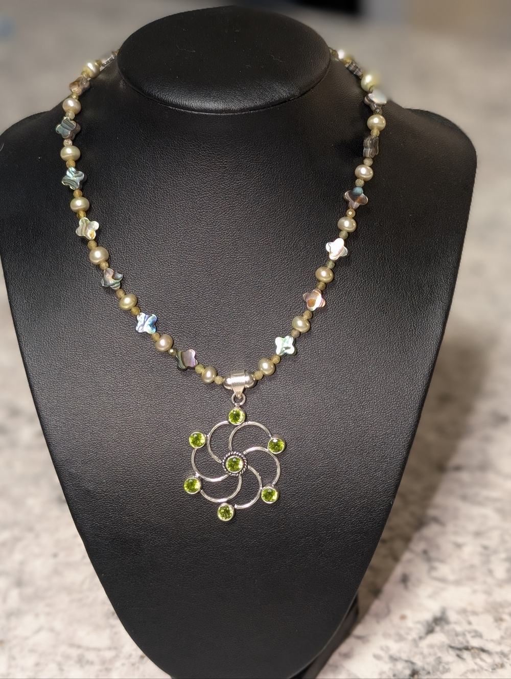 Pearl & Abalone Shell with Peridot Crystal Pendant In Sterling Silver Necklace.